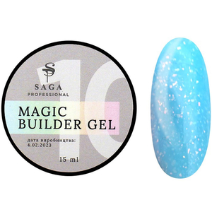 Гель для нарощування Saga Professional Magic Builder Gel 10, блакитний з пластівцями поталі, 15 мл, Об`єм: 15 мл, Колір: 10
