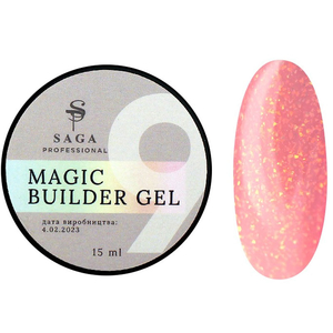 Гель для нарощування Saga Professional Magic Builder Gel 09, рожевий персик з пластівцями поталі, 15 мл, Об`єм: 15 мл, Колір: 09