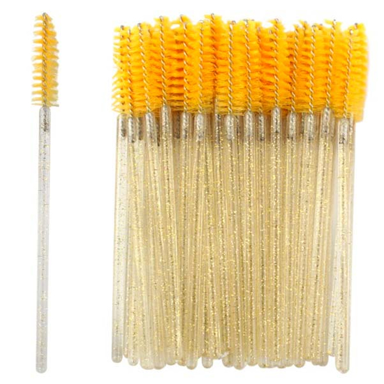 Щіточки для розчісування вій жовті з блискітками, 50 шт. в упаковці, Колір: Жовтий