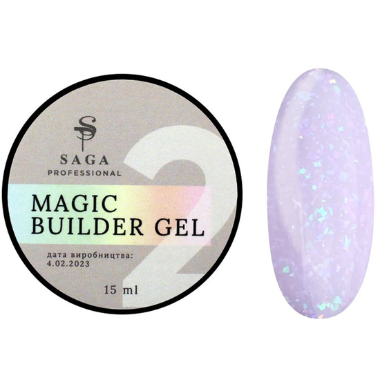 Гель для наращивания Saga Professional Magic Builder Gel 02, нежный лиловый с цветными хлопьями потали, 15 мл, Объем: 15 мл, Цвет: 02
