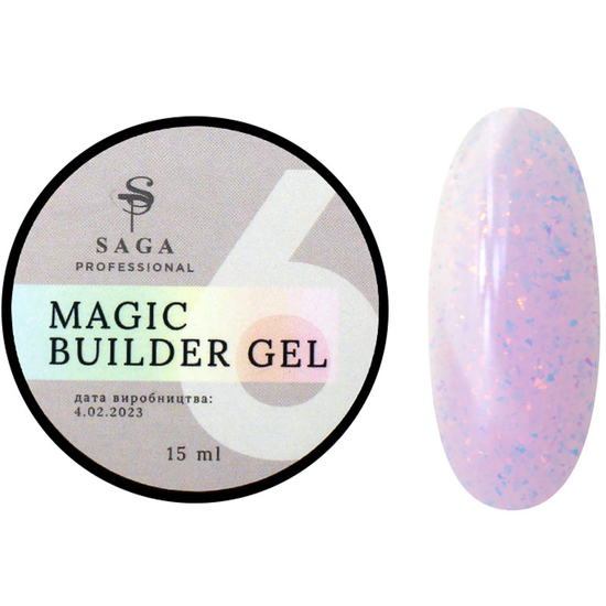 Гель для нарощування Saga Professional Magic Builder Gel 06, бузково-рожевий з пластівцями поталі, 15 мл, Об`єм: 15 мл, Колір: 06