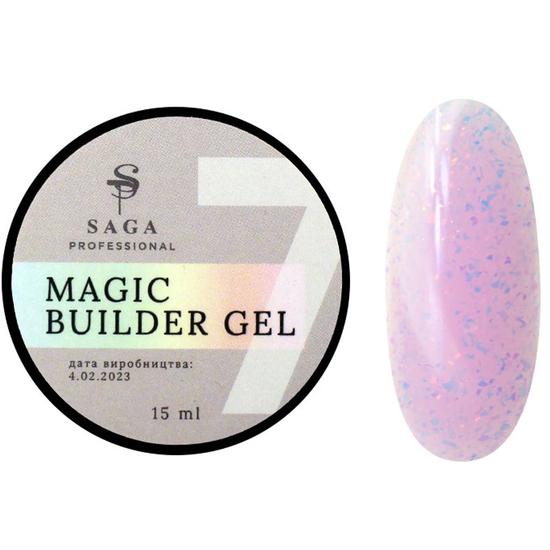 Гель для наращивания Saga Professional Magic Builder Gel 07, нежный розовый с хлопьями потали, 15 мл, Объем: 15 мл, Цвет: 07