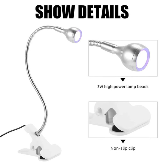 Гибка лампа UV для сушки гель-лака, гелевых типс с USB-разъемом (настольная с прищепкой) 3 Вт Серебро, Цвет: Серебро2
