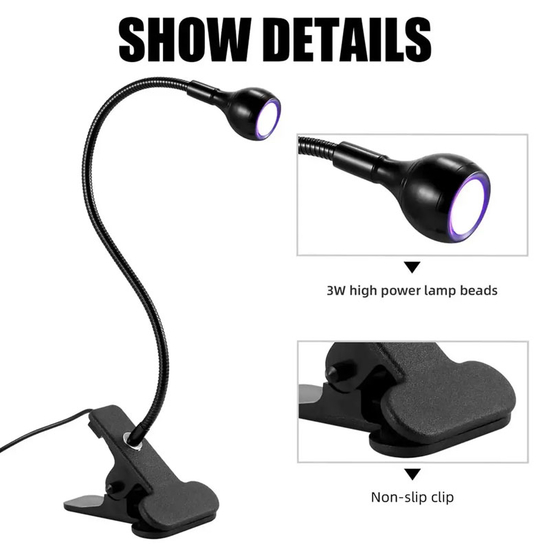 Гибка лампа UV для сушки гель-лака, гелевых типс с USB-разъемом (настольная с прищепкой) 3 Вт Чёрная, Цвет: Черная3